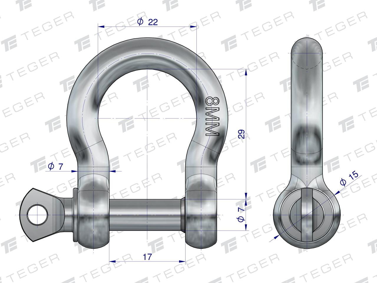 Obraz przedstawia techniczny rysunek szekli omega z oznaczeniami wymiarów: 8MM, średnica 22, 7 i 15 oraz długość 17 i 29. W tle widoczne jest logo TEGER.