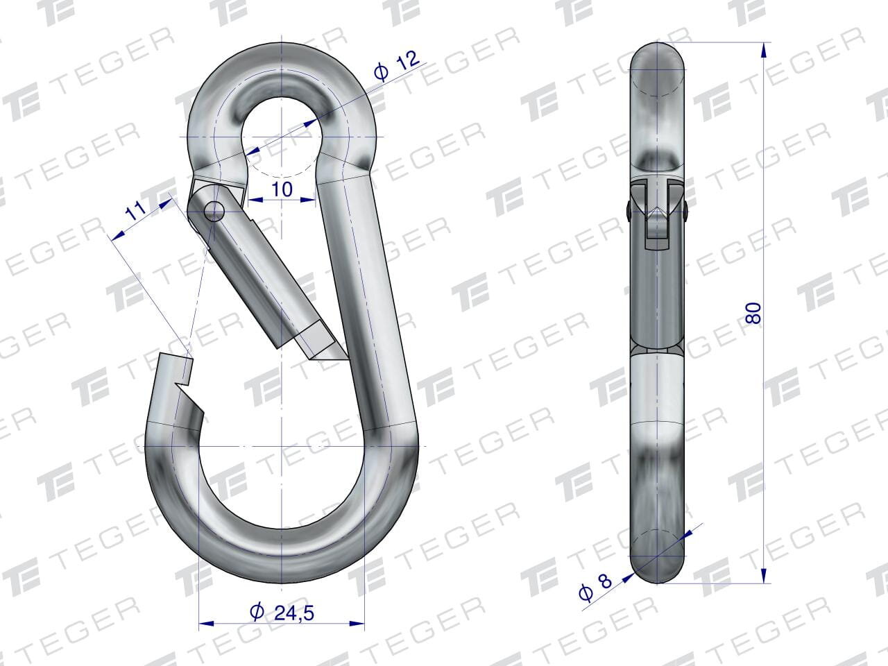 Obraz przedstawia techniczny rysunek karabińczyka bez zabezpieczenia z wymiarami: długość 80 mm, średnica 8 mm, szerokość 24,5 mm. Na tle widoczne jest powtarzające się logo \'TEGER\'.