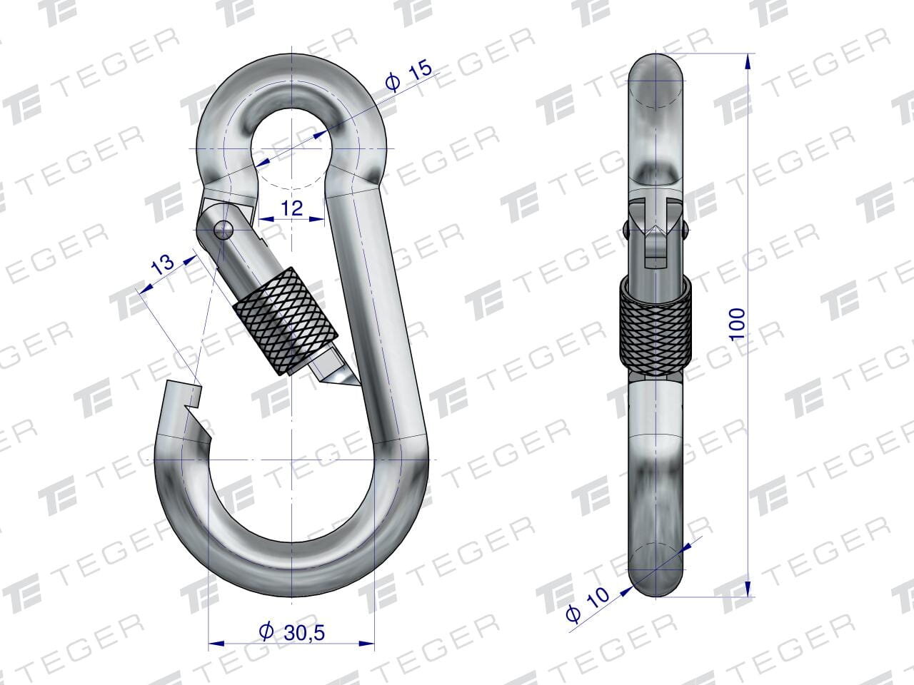 Rysunek techniczny karabińczyka z zabezpieczeniem, z wymiarami: długość 100 mm, średnica 30,5 mm i 15 mm. Widoczne logo \'TEGER\' w tle.