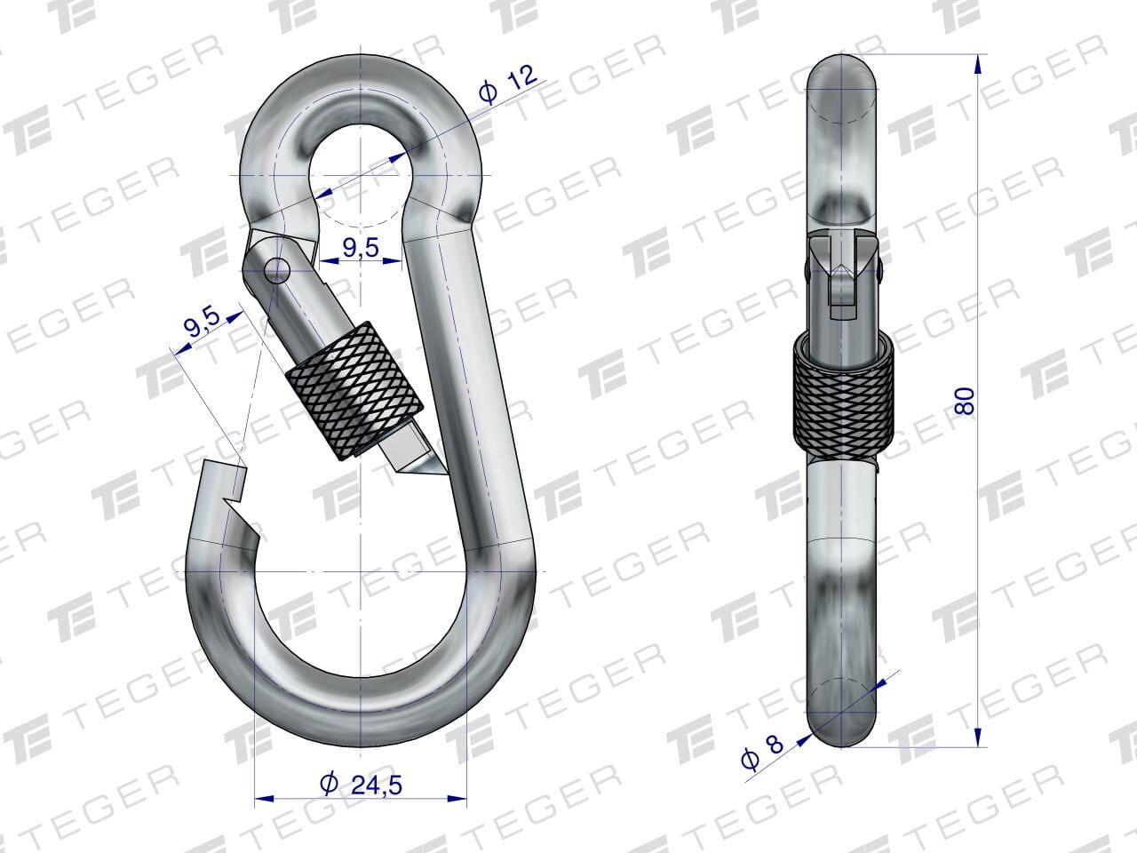 Rysunek techniczny karabińczyka z zabezpieczeniem, z wymiarami: długość 80 mm, średnica 8 mm, średnica otworu 12 mm, szerokość 24,5 mm. Na obrazie widoczne jest logo TEGER.
