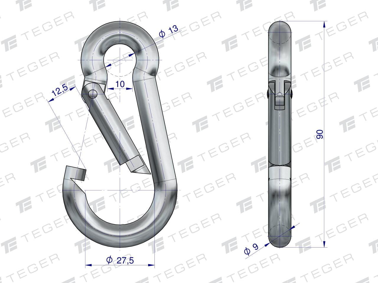 Rysunek techniczny karabińczyka bez zabezpieczenia z wymiarami: średnica 13, 27,5 i 9 mm oraz długość 90 mm. Tło pokryte jest powtarzającym się logo \'TEGER\'.