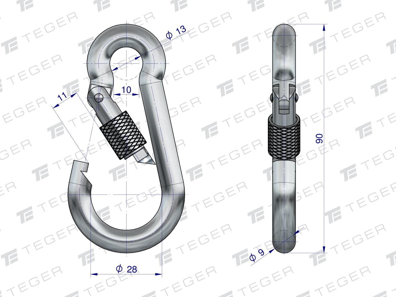 Rysunek techniczny karabińczyka z zabezpieczeniem, z wymiarami: średnica 13 mm, długość 90 mm, szerokość 28 mm. Na tle widoczne logo TEGER.