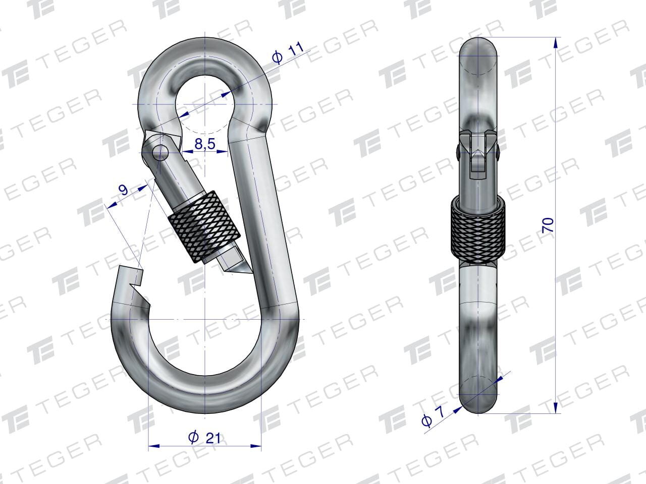 Obraz przedstawia techniczny rysunek karabińczyka z zabezpieczeniem, z wymiarami: 70 mm długości, 21 mm średnicy oraz 8,5 mm i 9 mm w innych miejscach. Na tle widoczne jest logo \'TEGER\'.