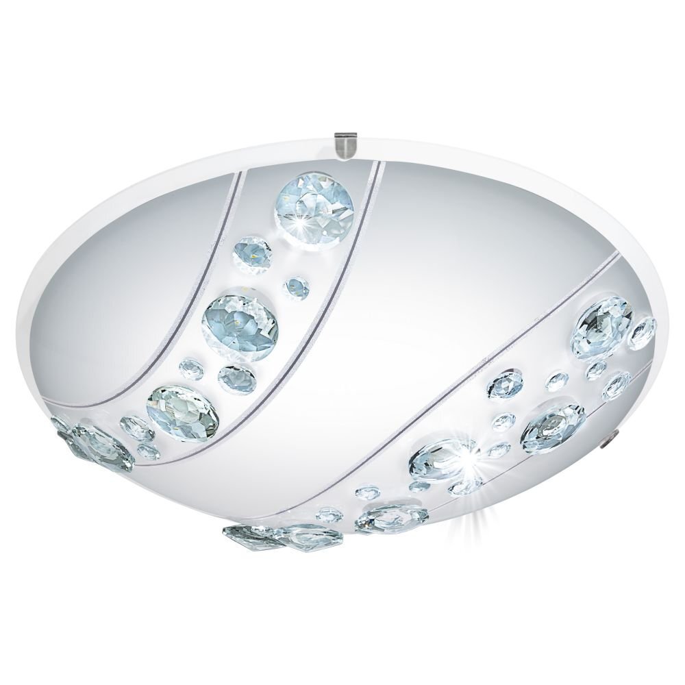 Okrągły plafon LED z białą powierzchnią ozdobioną przezroczystymi kryształkami w różnych rozmiarach. Lampa ma nowoczesny design z połyskującymi elementami dekoracyjnymi.