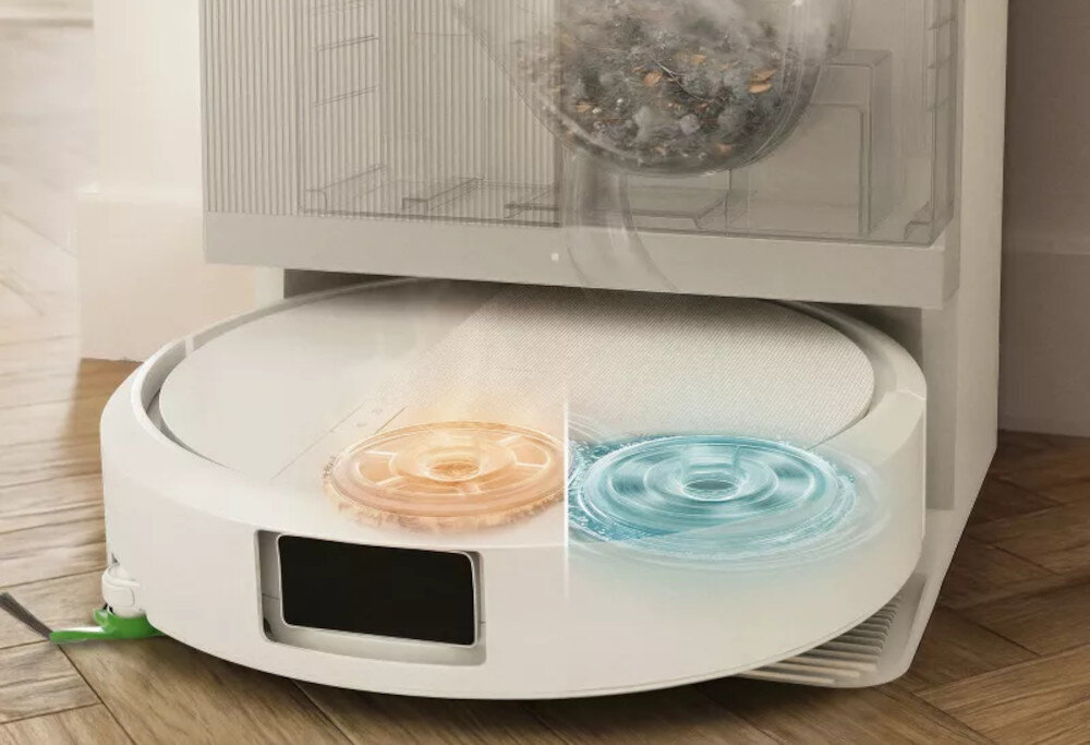 Robot sprzątający IROBOT Roomba 415 Combo Biały zdjęcie lifestyle  aktywnie usuwa zabrudzenia dwa obrotowe pady mopujące DualClean™ funkcja SmartScrub™ 
