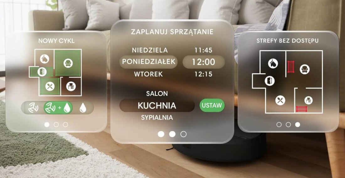 Obraz przedstawia interfejs aplikacji do planowania sprzątania z trzema sekcjami: \'Nowy cykl\', \'Zaplanuj sprzątanie\' i \'Strefy bez dostępu\'. W sekcji \'Zaplanuj sprzątanie\' widnieje tekst: \'NIEDZIELA 11:45, PONIEDZIAŁEK 12:00, WTOREK 12:15, SALON, KUCHNIA, USTAW\'.
