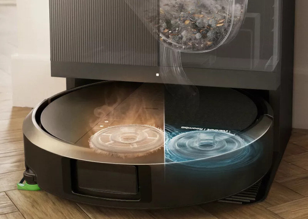 Robot sprzątający IROBOT Roomba 415 Combo Czarny zdjęcie lifestyle  aktywnie usuwa zabrudzenia dwa obrotowe pady mopujące DualClean™ funkcja SmartScrub™ 