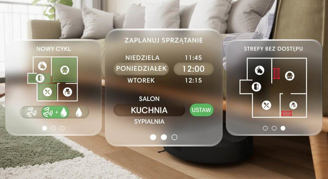 Na obrazie widoczne są trzy panele interfejsu użytkownika dotyczące planowania sprzątania robota. Panele zawierają informacje o nowym cyklu, zaplanowanym sprzątaniu oraz strefach bez dostępu, z tekstem takimi jak \'ZAPLANUJ SPRZĄTANIE\', \'PONIEDZIAŁEK 12:00\', \'SALON KUCHNIA\', \'USTAW\'.