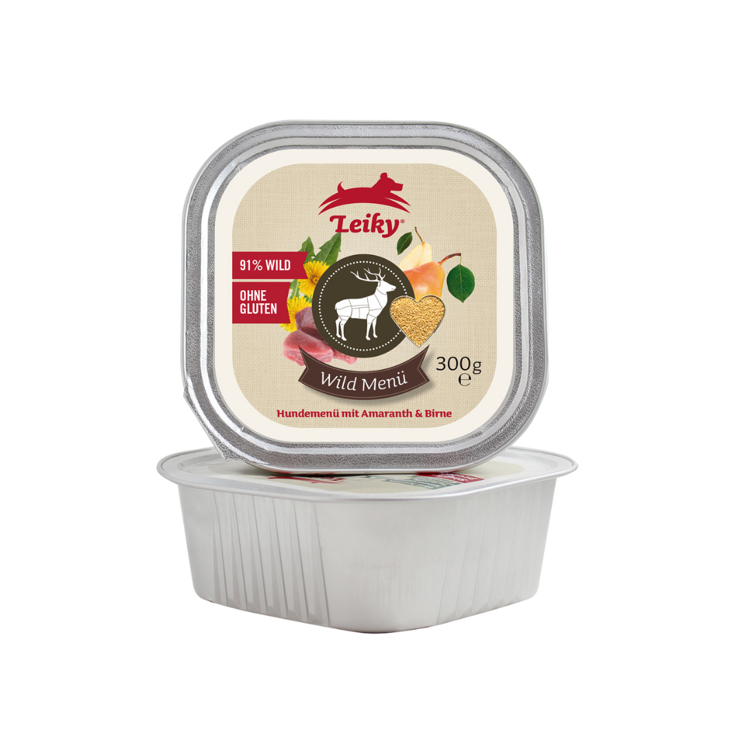 Opakowanie karmy dla psa marki Leiky o pojemności 300g z napisem \'Wild Menu\'. Na etykiecie widnieje grafika jelenia oraz informacje \'91% WILD\' i \'OHNE GLUTEN\'.