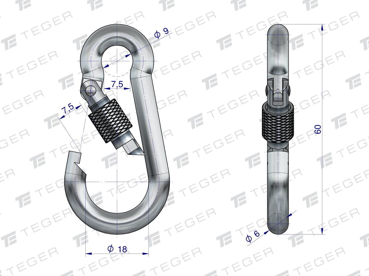Obraz przedstawia techniczny rysunek karabińczyka z zabezpieczeniem, z wymiarami: 60 mm długości, 18 mm szerokości, 9 mm średnicy otworu i 6 mm średnicy trzpienia. Na tle widoczne jest logo \'TEGER\'.