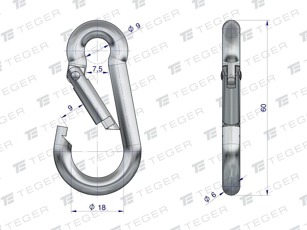 Rysunek techniczny karabińczyka bez zabezpieczenia z wymiarami: średnica 9 mm, długość 60 mm, szerokość 18 mm. Na tle widoczne jest logo TEGER powtarzające się wielokrotnie.