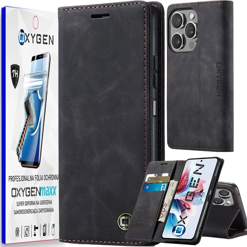 Na obrazie widoczne jest czarne etui na telefon z miejscem na karty oraz opakowanie z napisem \'OXYGEN maxx\'. Etui jest otwarte, ukazując wnętrze z kartami, a obok znajduje się telefon z widocznymi aparatami.
