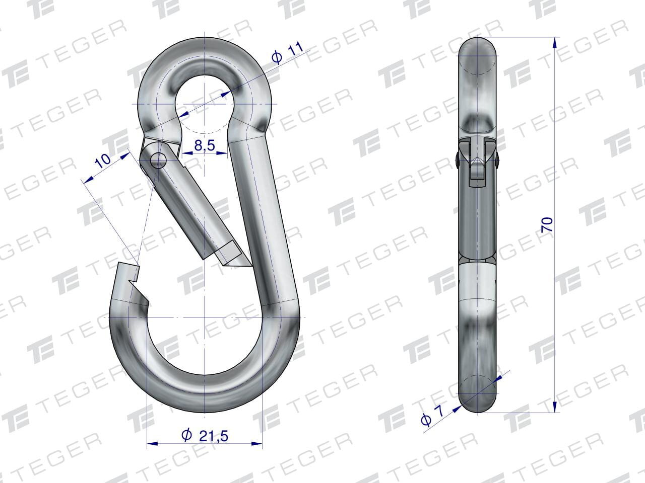 Obraz przedstawia techniczny rysunek karabińczyka bez zabezpieczenia z wymiarami: długość 70 mm, średnica 11 mm, szerokość 21,5 mm. W tle widoczne jest logo \'TEGER\'.