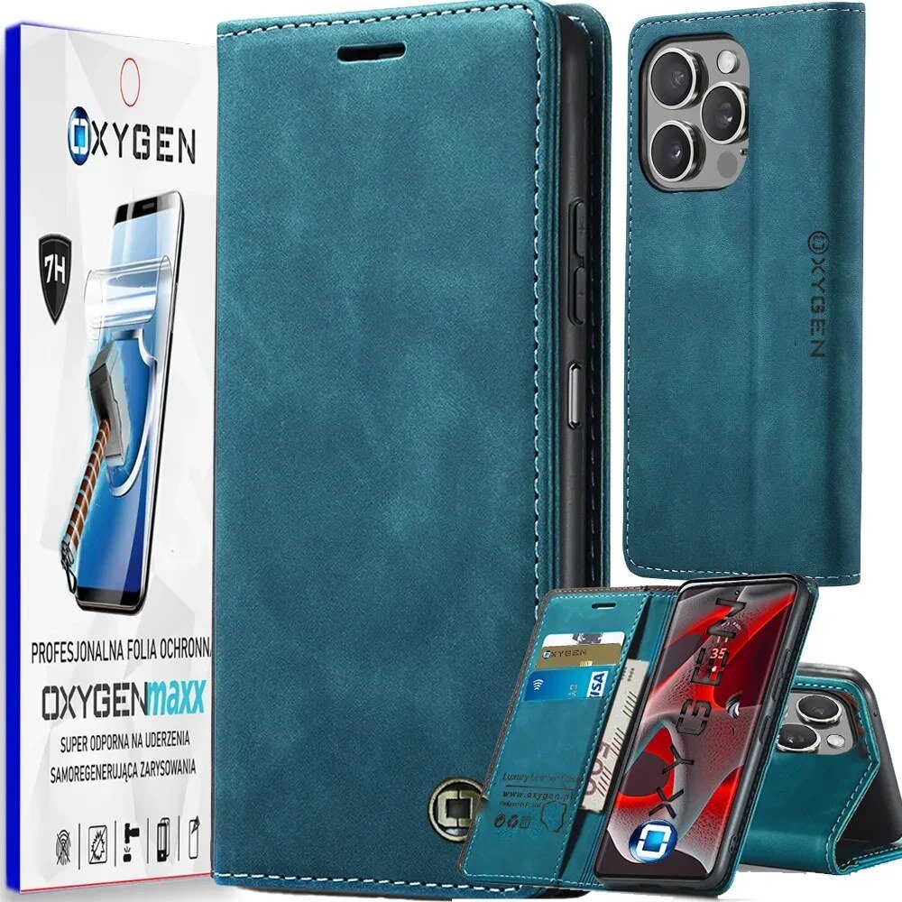 Na obrazie widoczne jest niebieskie etui na telefon z logo \'OXYGEN\', które ma miejsce na karty oraz wycięcia na aparat. Obok znajduje się opakowanie z napisem \'PROFESJONALNA FOLIA OCHRONNA OXYGENmaxx SUPER ODPORNA NA UDERZENIA SAMOREGENERUJĄCA ZARYSOWANIA\'.