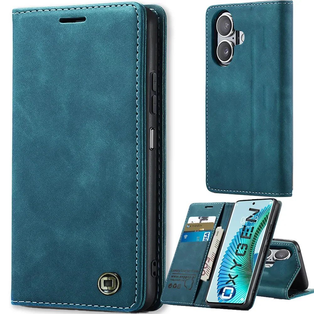 Etui na telefon w kolorze niebieskim z widocznym logo producenta. Wewnątrz znajdują się kieszonki na karty oraz miejsce na telefon z wyświetlaczem pokazującym napis \'OXYGEN\'.