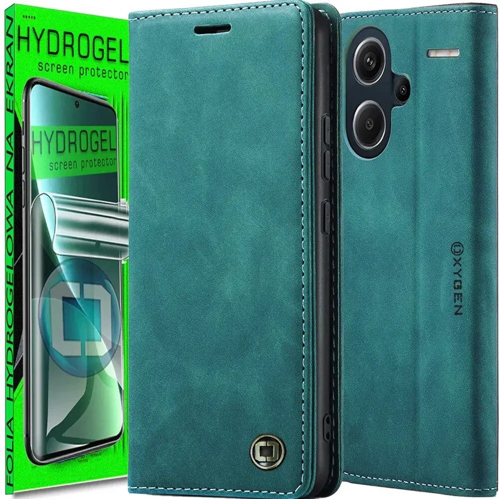 Obraz przedstawia zielone etui na telefon z napisem \'OXYGEN\' oraz opakowanie folii ochronnej z napisem \'HYDROGEL screen protector\'.