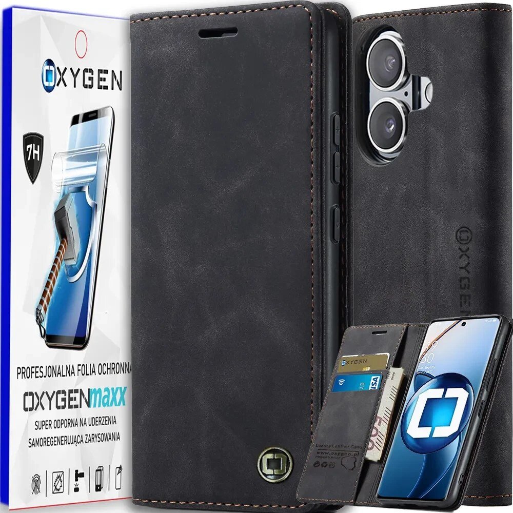Na obrazie widoczne jest czarne etui na telefon z logo OXYGEN, z miejscem na karty i telefon. Obok znajduje się opakowanie z napisem \'PROFESJONALNA FOLIA OCHRONNA OXYGENmaxx SUPER ODPORNA NA UDERZENIA SAMOREGENERUJĄCA ZARYSOWANIA\'.