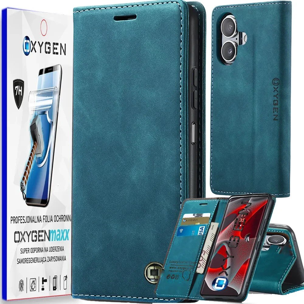 Na obrazie widoczne jest niebieskie etui na telefon z logo \'OXYGEN\' oraz opakowanie z napisem \'PROFESJONALNA FOLIA OCHRONNA OXYGENmaxx\'. Etui ma miejsce na karty i jest pokazane w różnych pozycjach, a na opakowaniu widnieje grafika telefonu z folią ochronną.