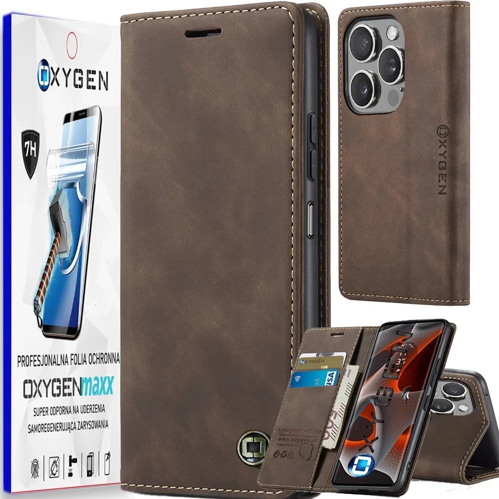 Na obrazie widoczne jest brązowe etui na telefon z miejscem na karty oraz opakowanie z napisem \'OXYGENmaxx\'. Etui jest otwarte, ukazując wnętrze z telefonem i kartami, a obok znajduje się jego tylna część z logo \'OXYGEN\'.