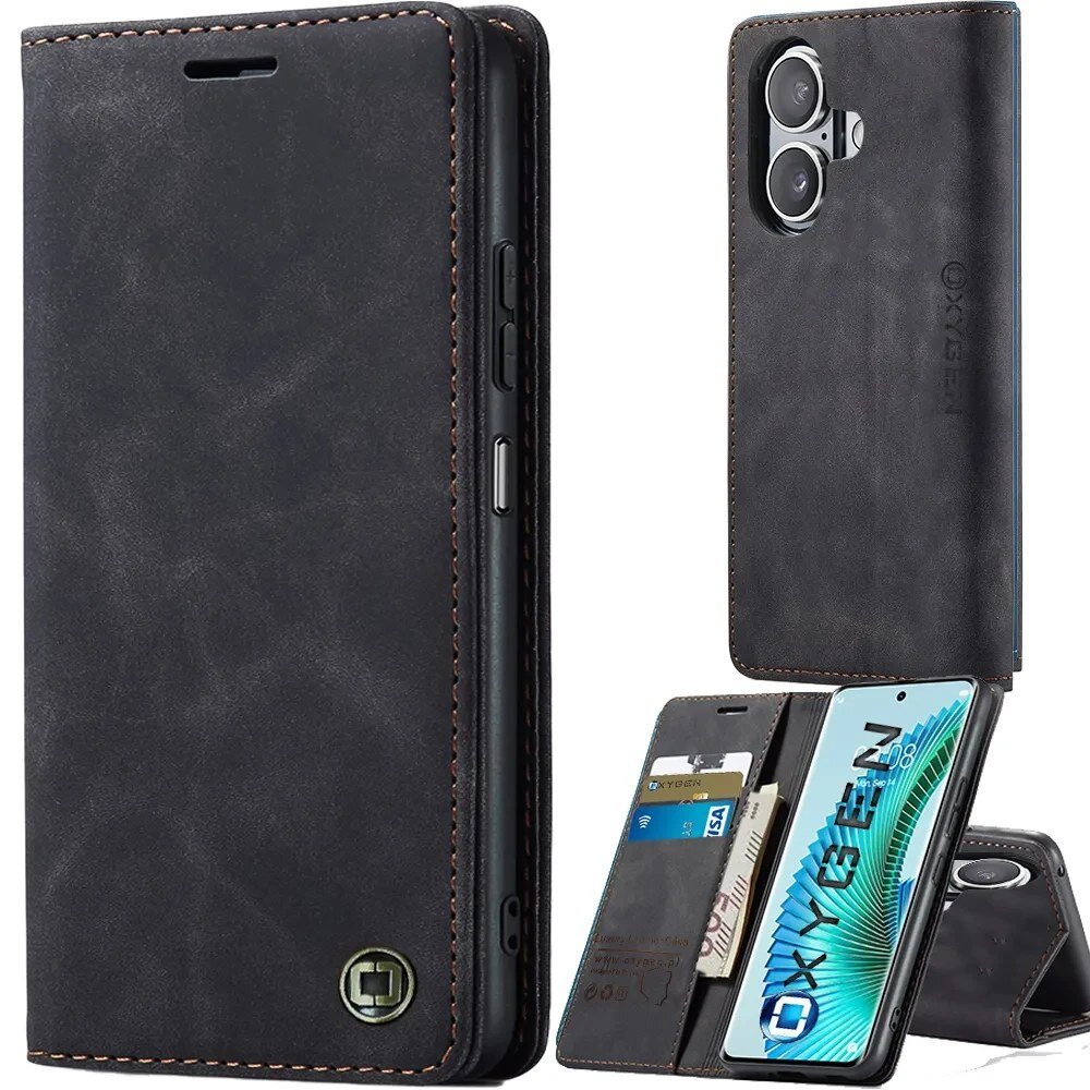Na obrazie widoczne jest czarne etui na telefon z klapką, z miejscem na karty i logo OXYGEN. Etui jest otwarte, ukazując wnętrze z telefonem i kartami.