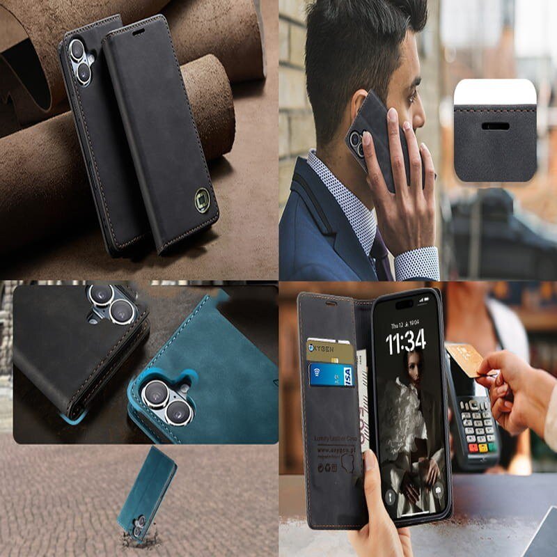 Na obrazie widoczne jest etui na telefon w różnych ujęciach, wykonane z ciemnego materiału z miejscem na karty. Na jednym ze zdjęć widać telefon z wyświetlaczem pokazującym godzinę 11:34 oraz logo OXYGEN.