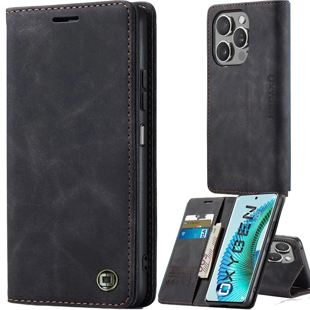 Na obrazie widoczne jest czarne etui na telefon z funkcją portfela, z miejscem na karty i banknoty. Na etui znajduje się napis \'OXYGEN\'.