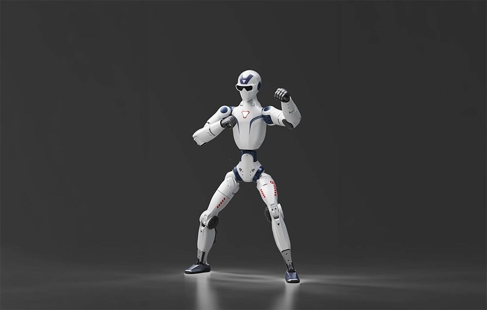 Humanoidalny robot w białym kolorze z niebieskimi akcentami stoi w dynamicznej pozie na ciemnym tle.