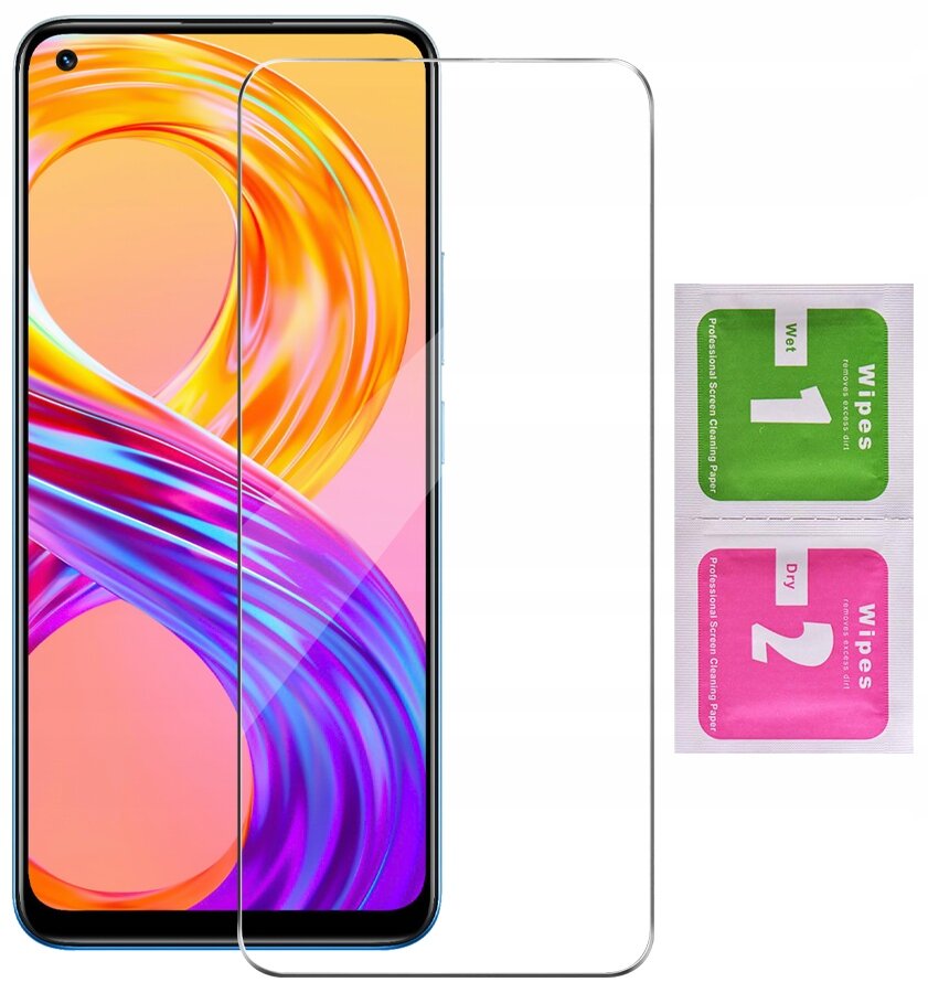 Obraz przedstawia telefon z kolorowym wyświetlaczem, na którym nałożone jest przezroczyste szkło ochronne. Obok znajdują się dwie saszetki z napisem \'Wipes\', oznaczone numerami \'1\' i \'2\'.