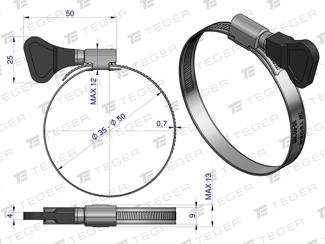 Obraz przedstawia techniczny rysunek opaski zaciskowej z pokrętłem, z oznaczeniami wymiarów: 35-50 mm średnicy, szerokość 9 mm. Widoczne jest logo TEGER oraz oznaczenie 35-50 W2 na opasce.