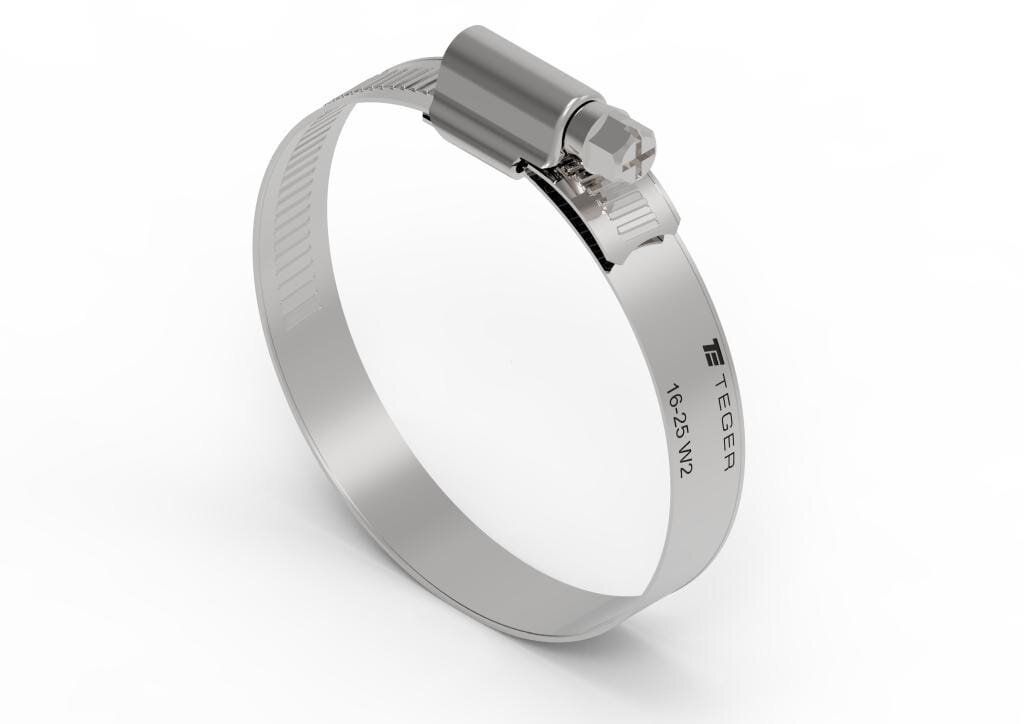 Na obrazie widoczna jest metalowa opaska zaciskowa z napisem \'TEGER 16-25 W2\'. Opaska ma mechanizm ślimakowy i jest wykonana ze stali nierdzewnej.