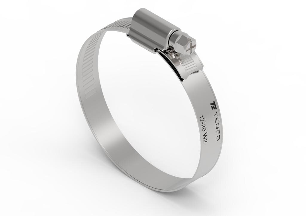 Na obrazie widoczna jest metalowa opaska zaciskowa z napisem \'TEGER 16-25 W2\'. Opaska ma mechanizm ślimakowy i jest wykonana ze stali nierdzewnej.