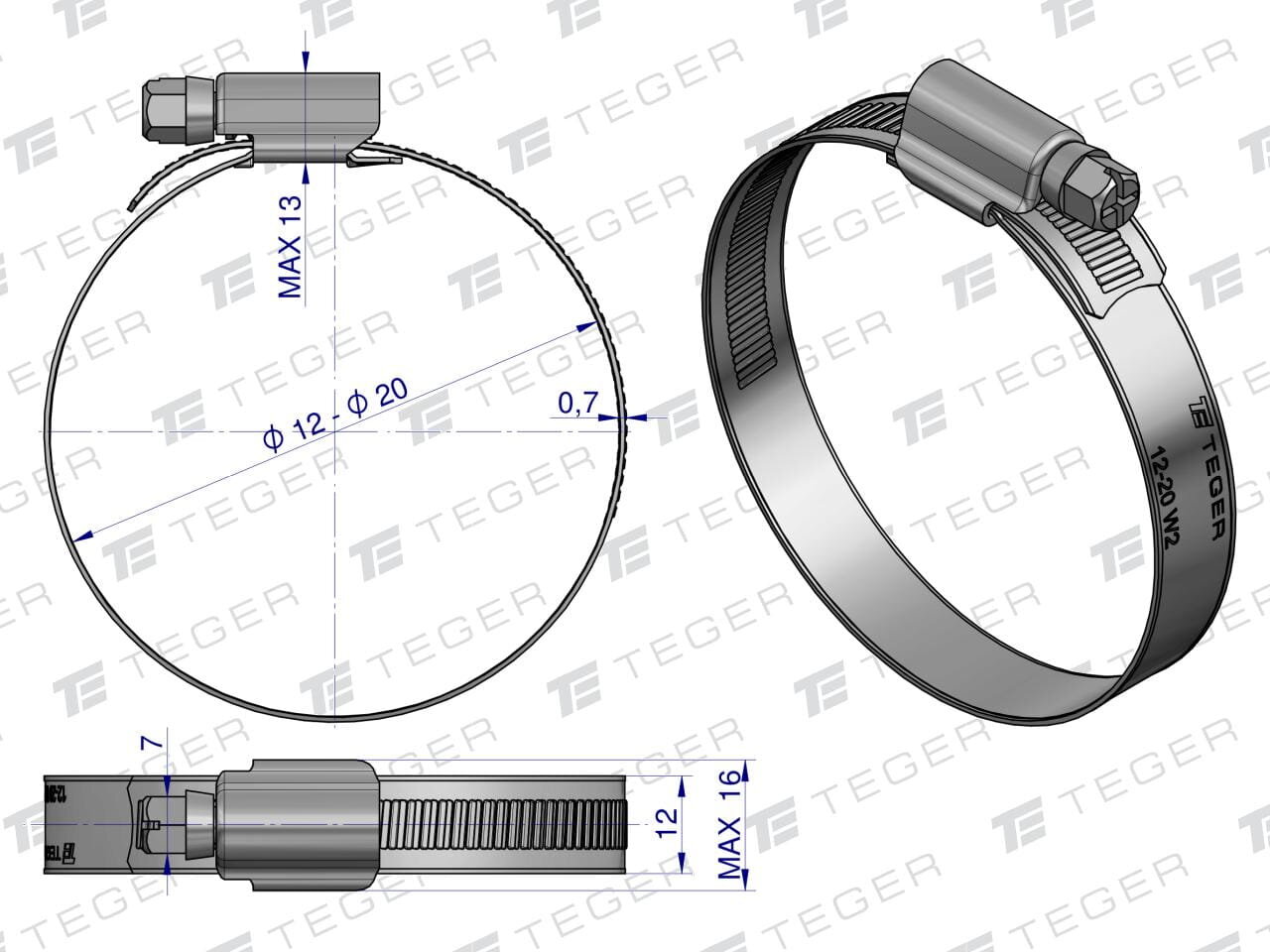 Obraz przedstawia techniczny rysunek opaski zaciskowej z oznaczeniami wymiarów: średnica 16-25 mm, szerokość 12 mm, maksymalna wysokość 13 mm. Na opasce widoczne jest logo TEGER oraz oznaczenie 16-25 W2.