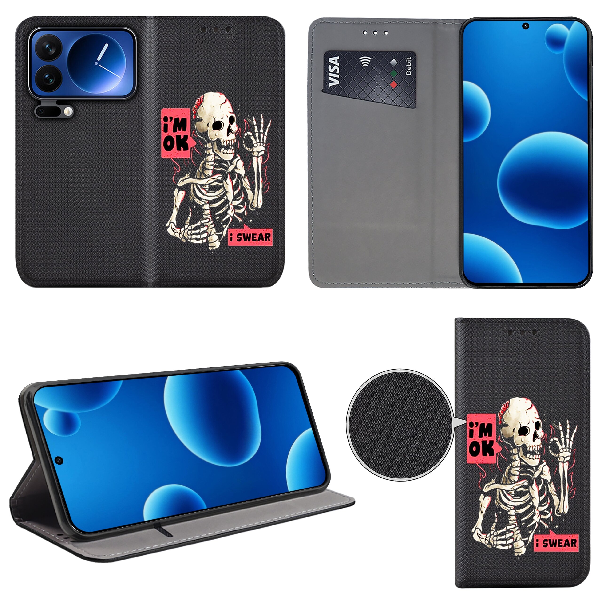 Etui na telefon z czarnym tłem i grafiką szkieletu z napisami \'i\'m OK\' oraz \'i SWEAR\'. Wewnątrz etui znajduje się miejsce na kartę płatniczą z widocznym napisem \'VISA\'.