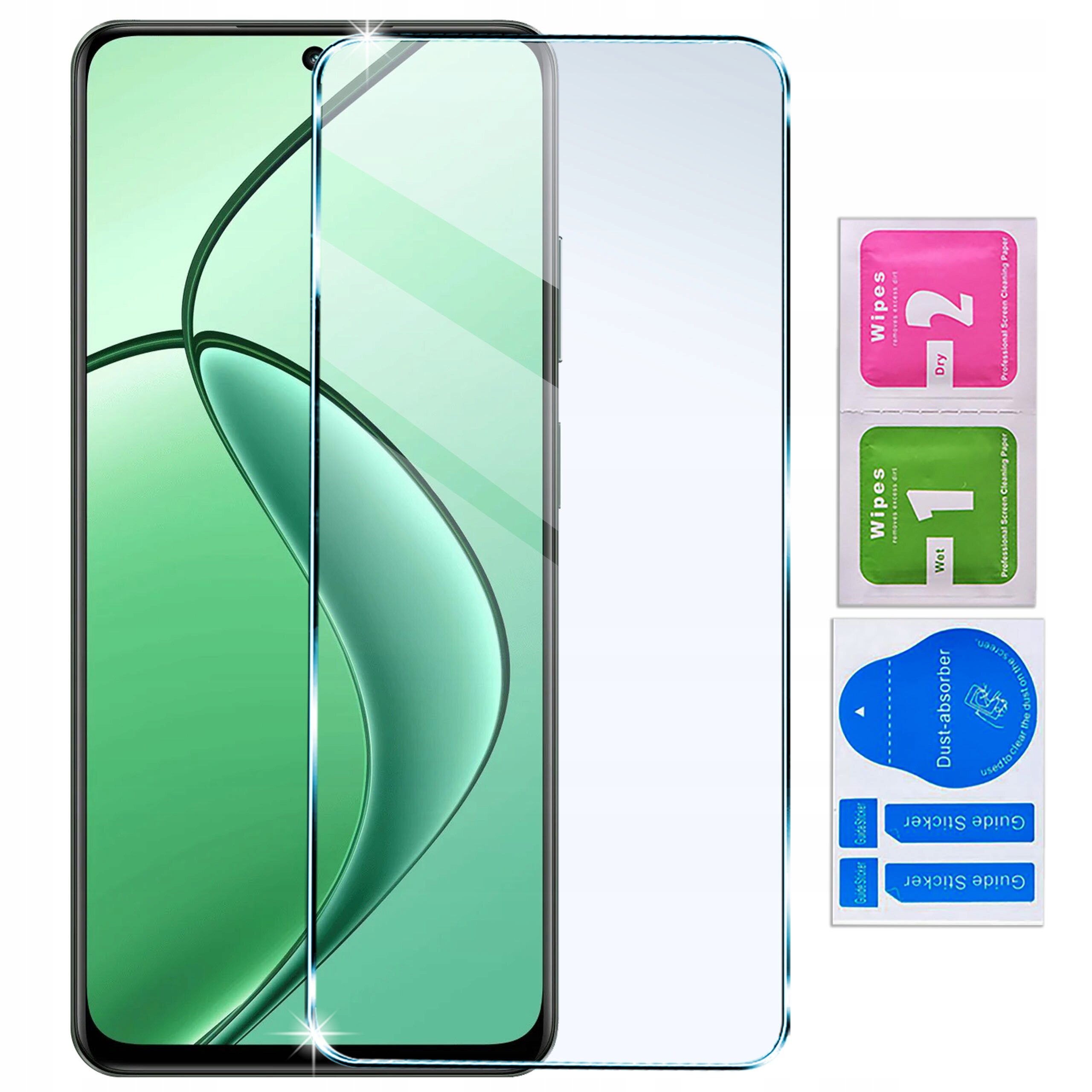 Obraz przedstawia telefon z nałożonym szkłem ochronnym, obok znajdują się trzy saszetki z napisami: \'Wipes 2 Dry\', \'Wipes 1 Wet\' oraz \'Dust absorber\'.