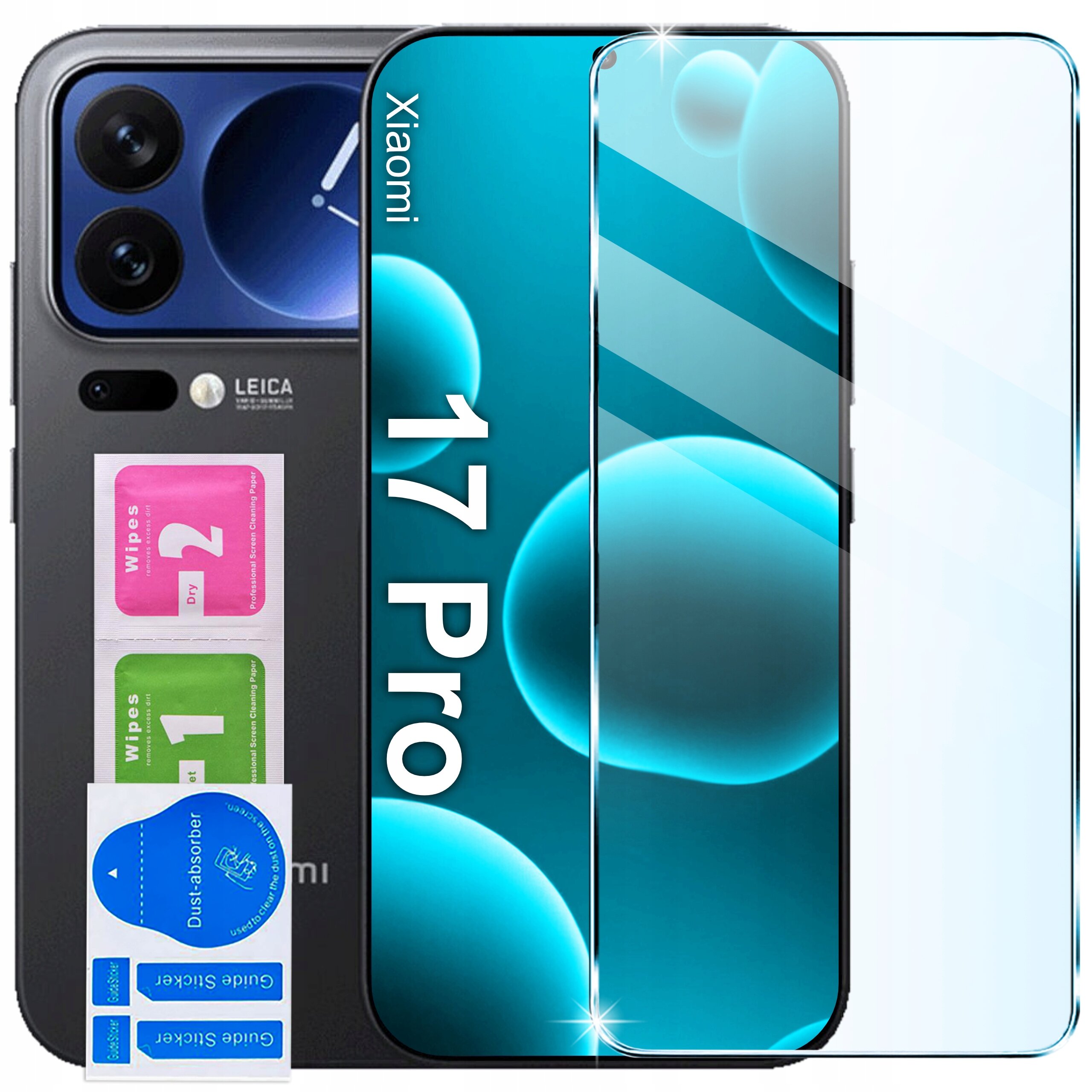 Obraz przedstawia telefon Xiaomi 17 Pro z widocznym szkłem ochronnym i zestawem ściereczek do czyszczenia. Na telefonie widoczne jest logo \'Leica\' oraz tekst \'17 Pro\'.