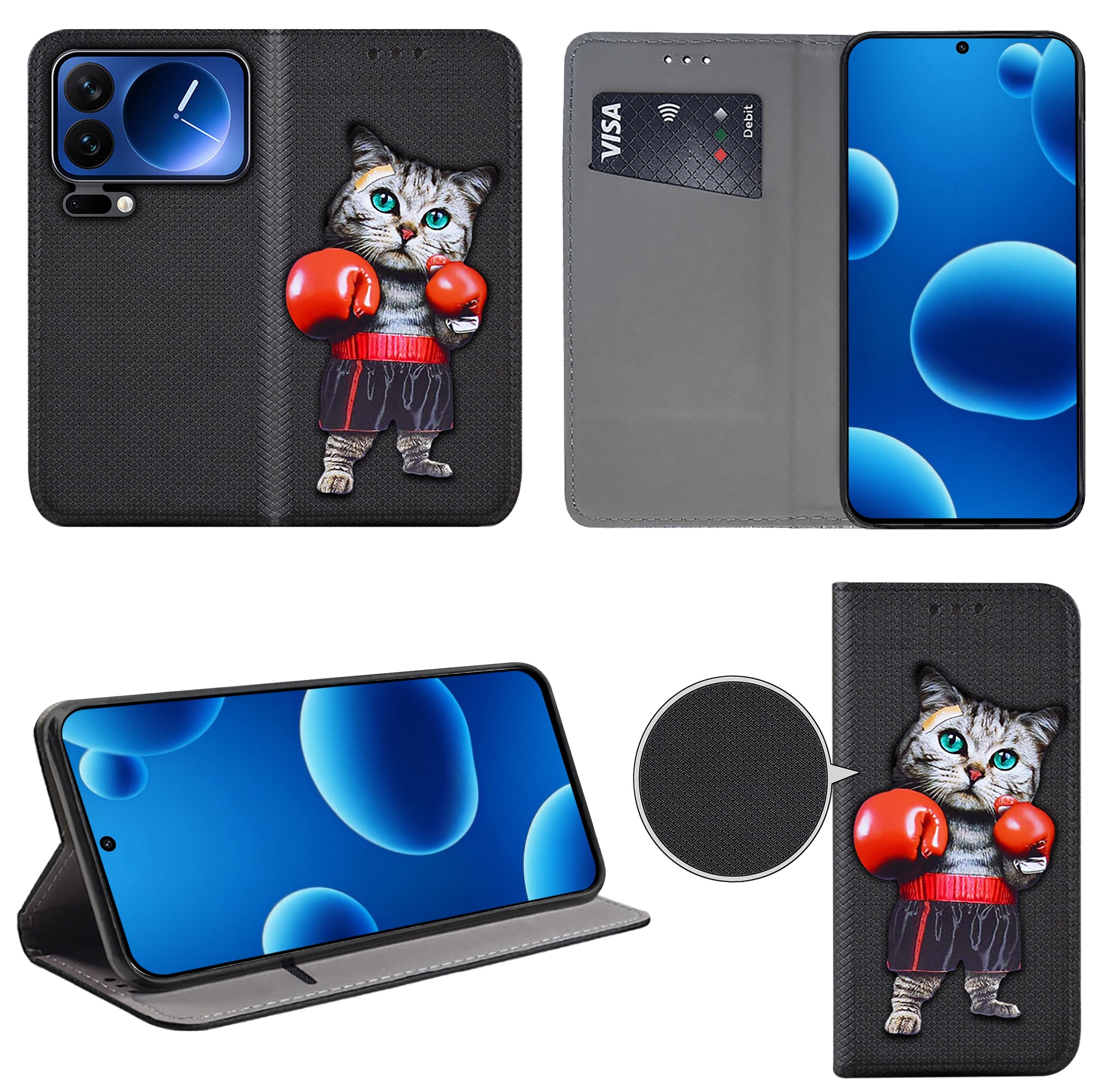 Etui na telefon z motywem kota w czerwonych rękawicach bokserskich, posiada miejsce na kartę płatniczą. Telefon w etui wyświetla niebieski ekran z okrągłymi wzorami.