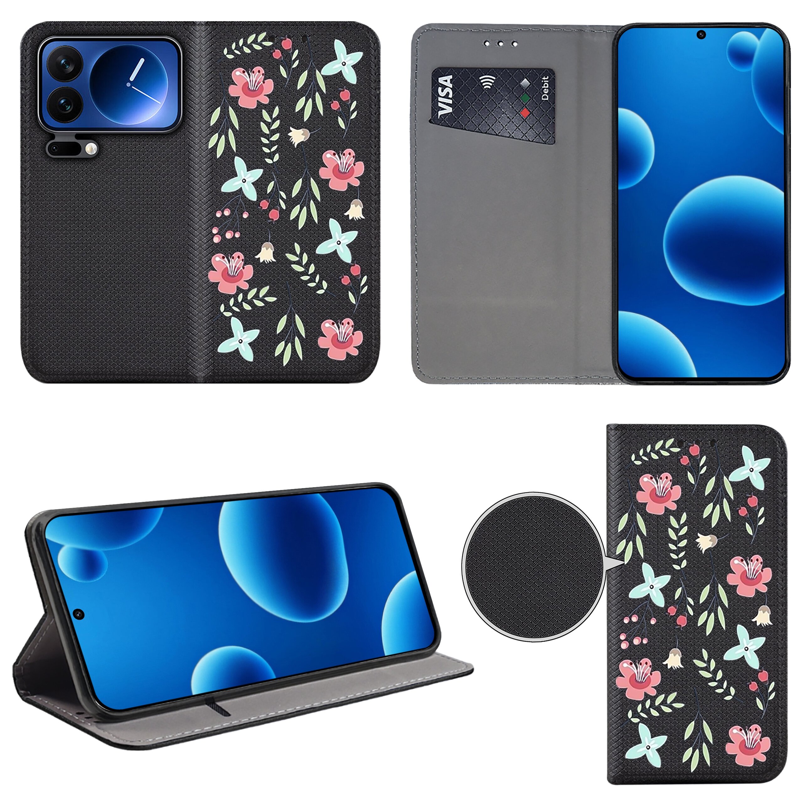 Etui do telefonu z motywem kwiatowym w kolorach różowym, niebieskim i zielonym, z funkcją portfela i miejscem na kartę. Telefon w etui wyświetla niebieski ekran z bąbelkami.