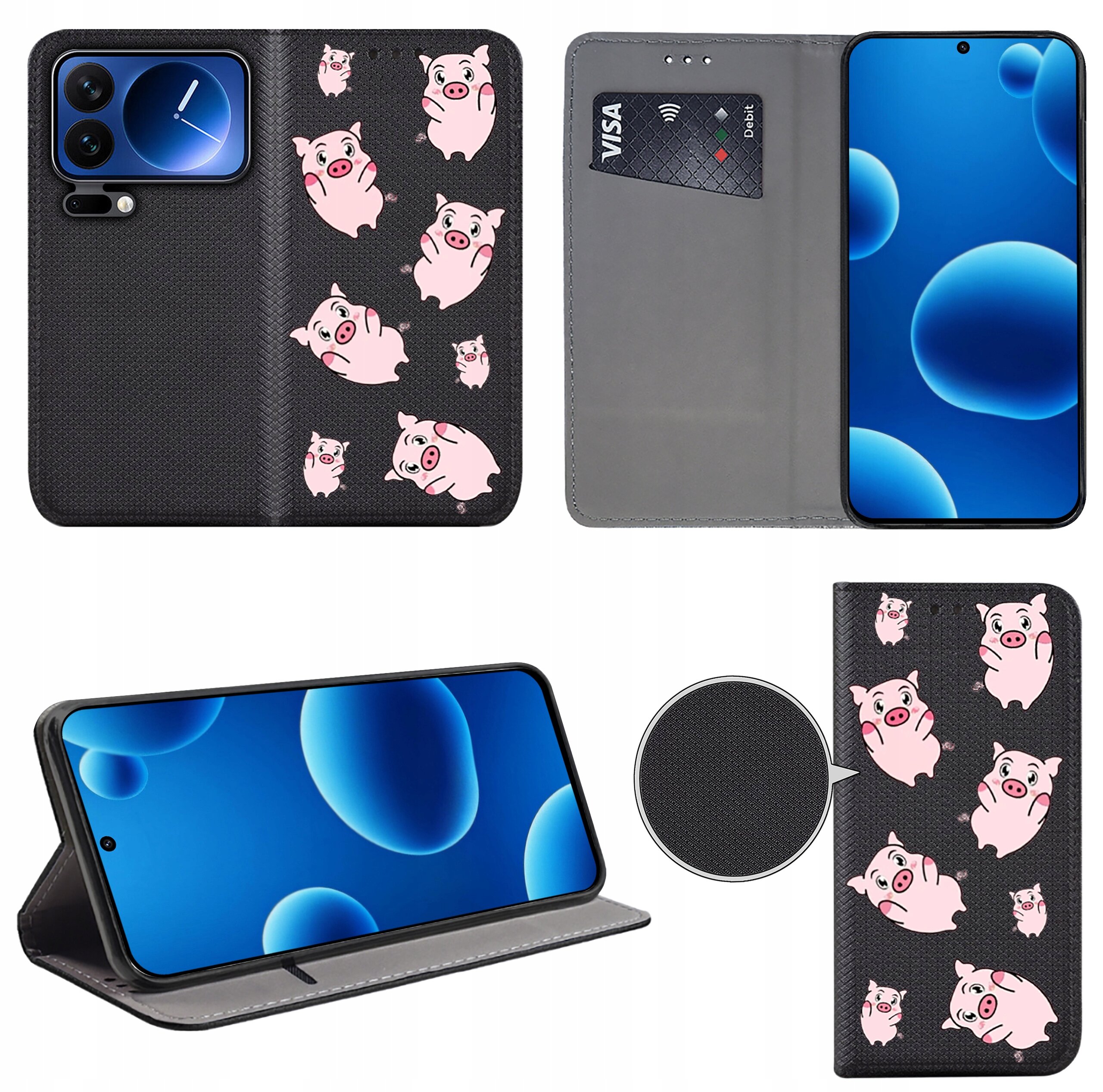 Etui na telefon z czarnym tłem ozdobione różowymi świnkami, posiada funkcję portfela z miejscem na kartę płatniczą. Telefon w etui wyświetla niebieski ekran z okrągłymi kształtami.