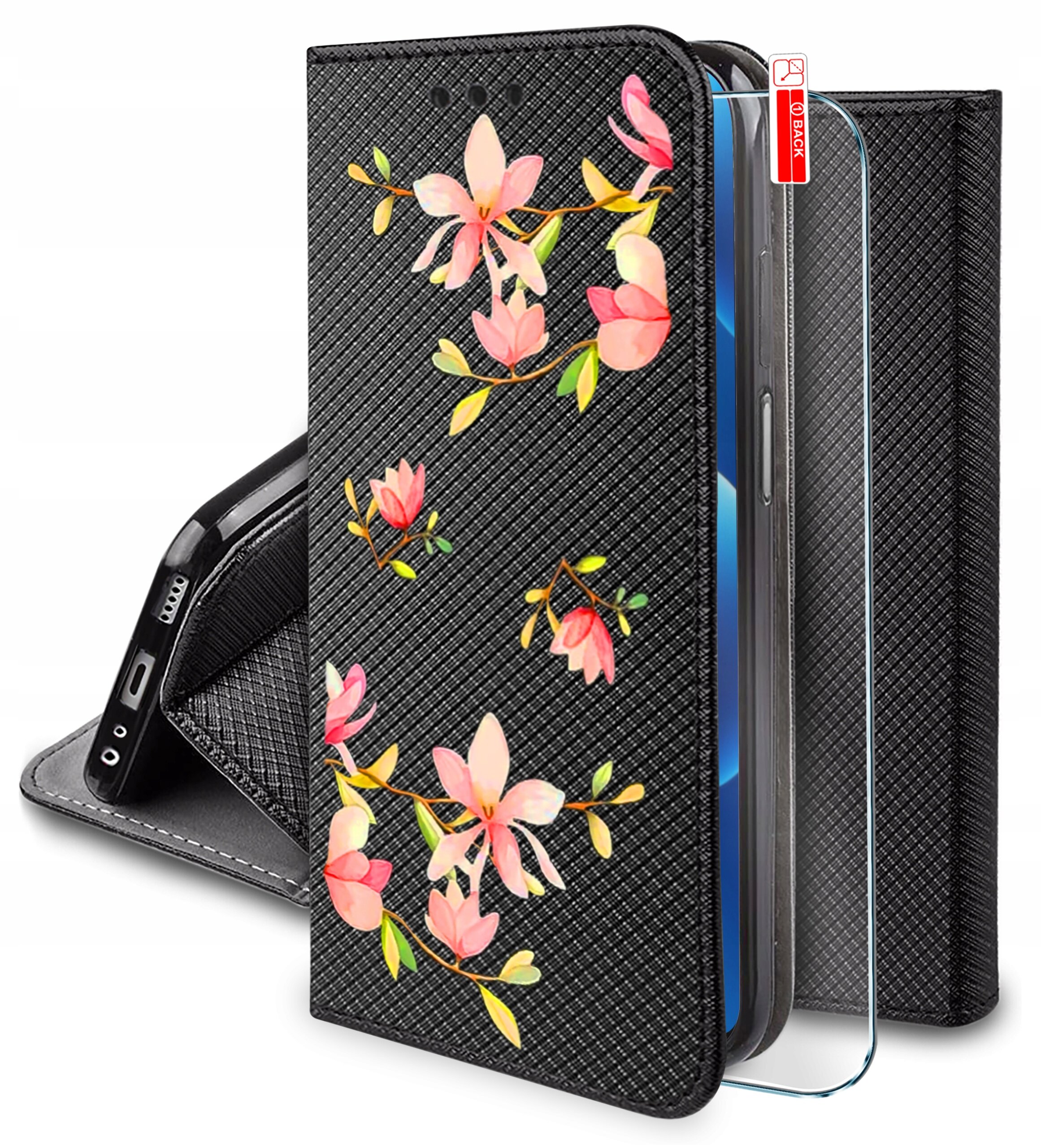 Etui na telefon z czarnym wzorem i kolorowymi kwiatami, obok widoczne szkło ochronne. Na etui znajduje się napis \'9H Glass\'.