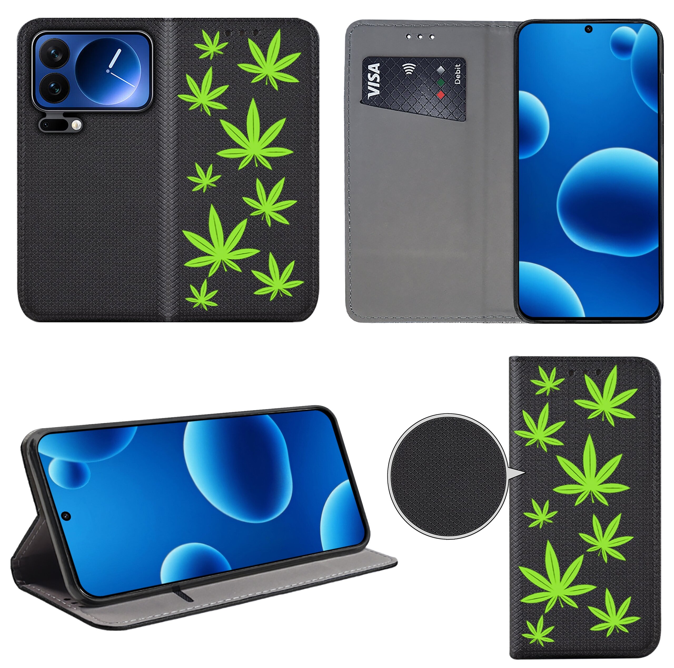 Etui na telefon z czarnym tłem ozdobione zielonymi wzorami przypominającymi liście. Wewnątrz znajduje się miejsce na kartę płatniczą z widocznym napisem \'VISA\'.