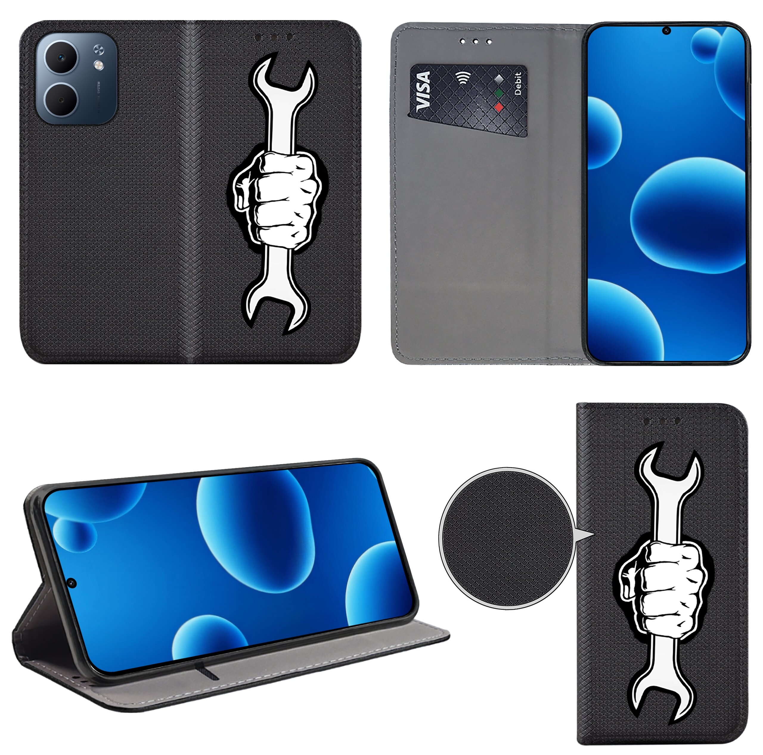 Etui na telefon z czarnym wzorem przedstawiającym rękę trzymającą klucz. Wewnątrz etui znajduje się miejsce na kartę płatniczą z widocznym napisem \'VISA\'.
