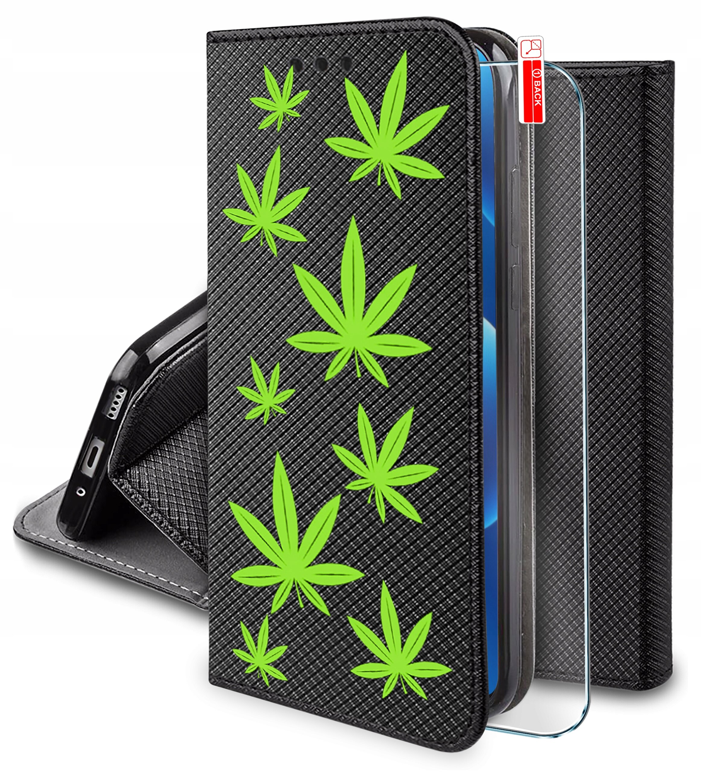Czarne etui z zielonymi wzorami przypominającymi liście, przeznaczone do telefonu, z widocznym szkłem ochronnym. Na szkło naklejona jest czerwona etykieta z napisem \'OB BACK\'.