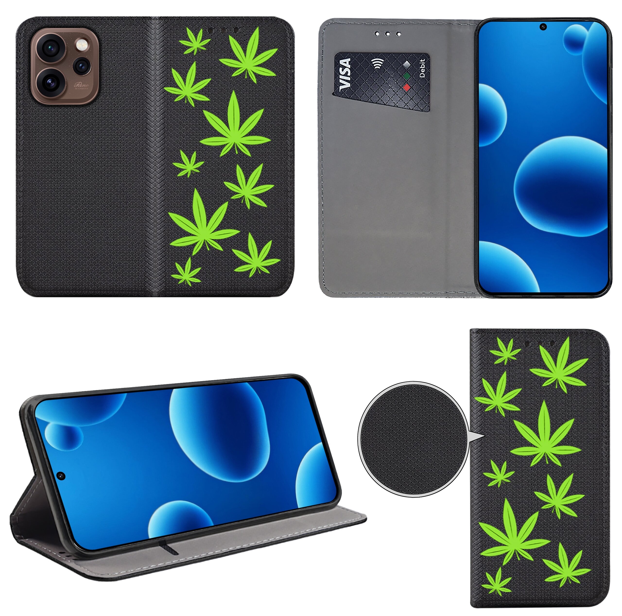 Etui do telefonu z czarnym tłem i zielonymi wzorami liści, posiada miejsce na kartę płatniczą. Telefon w etui wyświetla niebieski ekran z okrągłymi kształtami.
