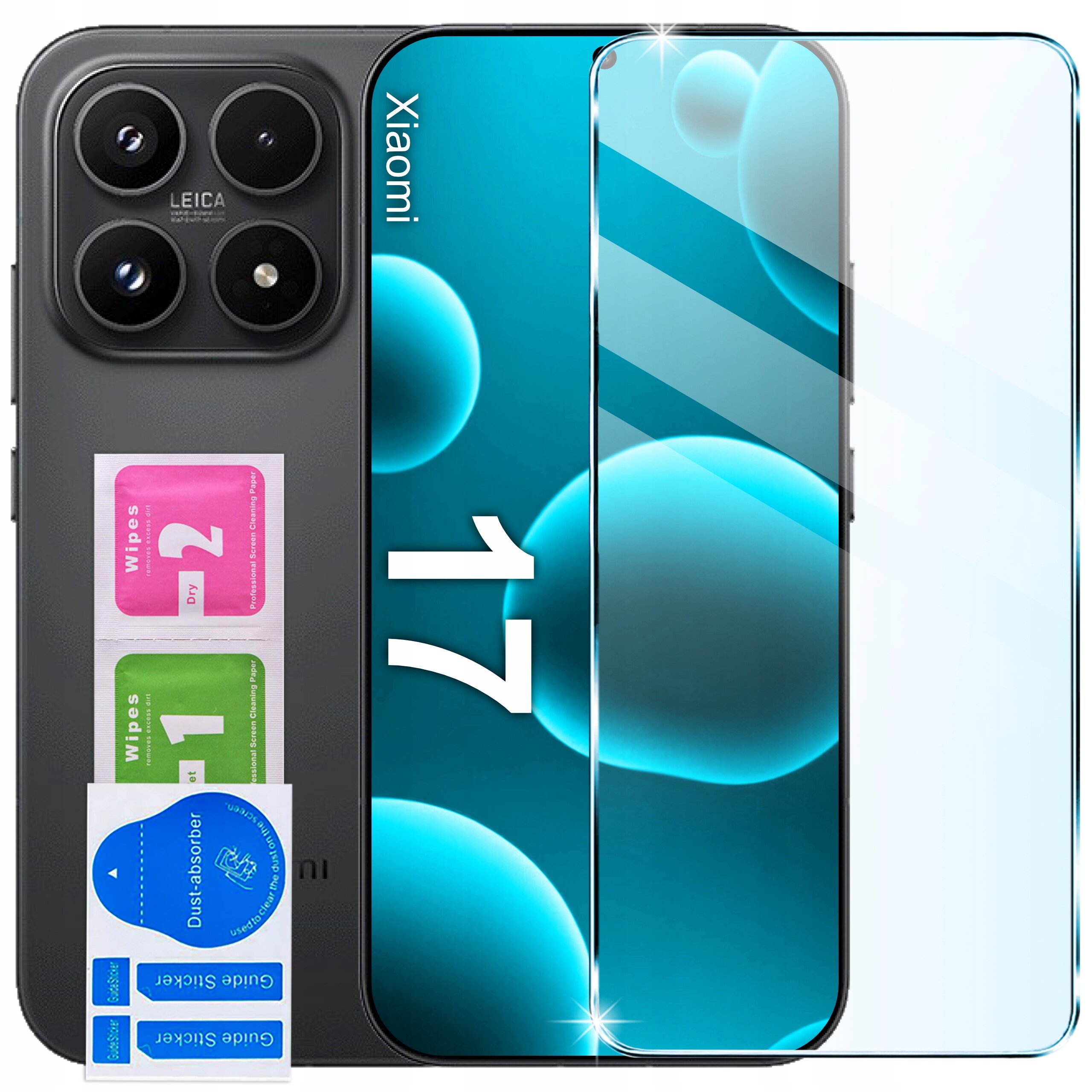 Na obrazie widoczny jest telefon z trzema dużymi obiektywami aparatu oraz szkło ochronne z napisem \'Xiaomi 17\'. Obok znajdują się naklejki z napisami \'Wipes 1\', \'Wipes 2\' oraz \'Dust-absorber\'.