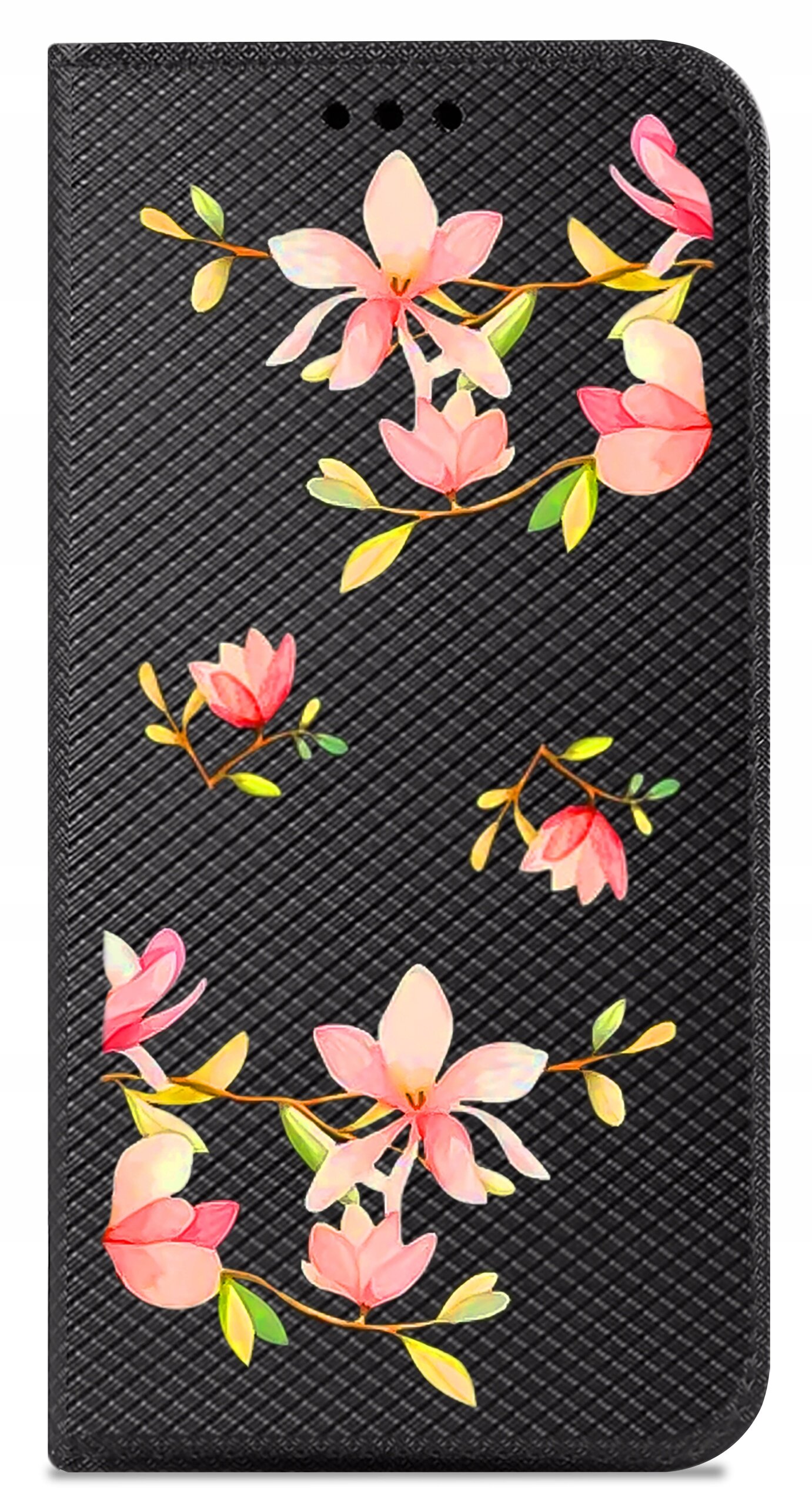 Czarne etui z teksturą, ozdobione wzorem różowych kwiatów i zielonych liści. Etui ma otwory na głośnik u góry.