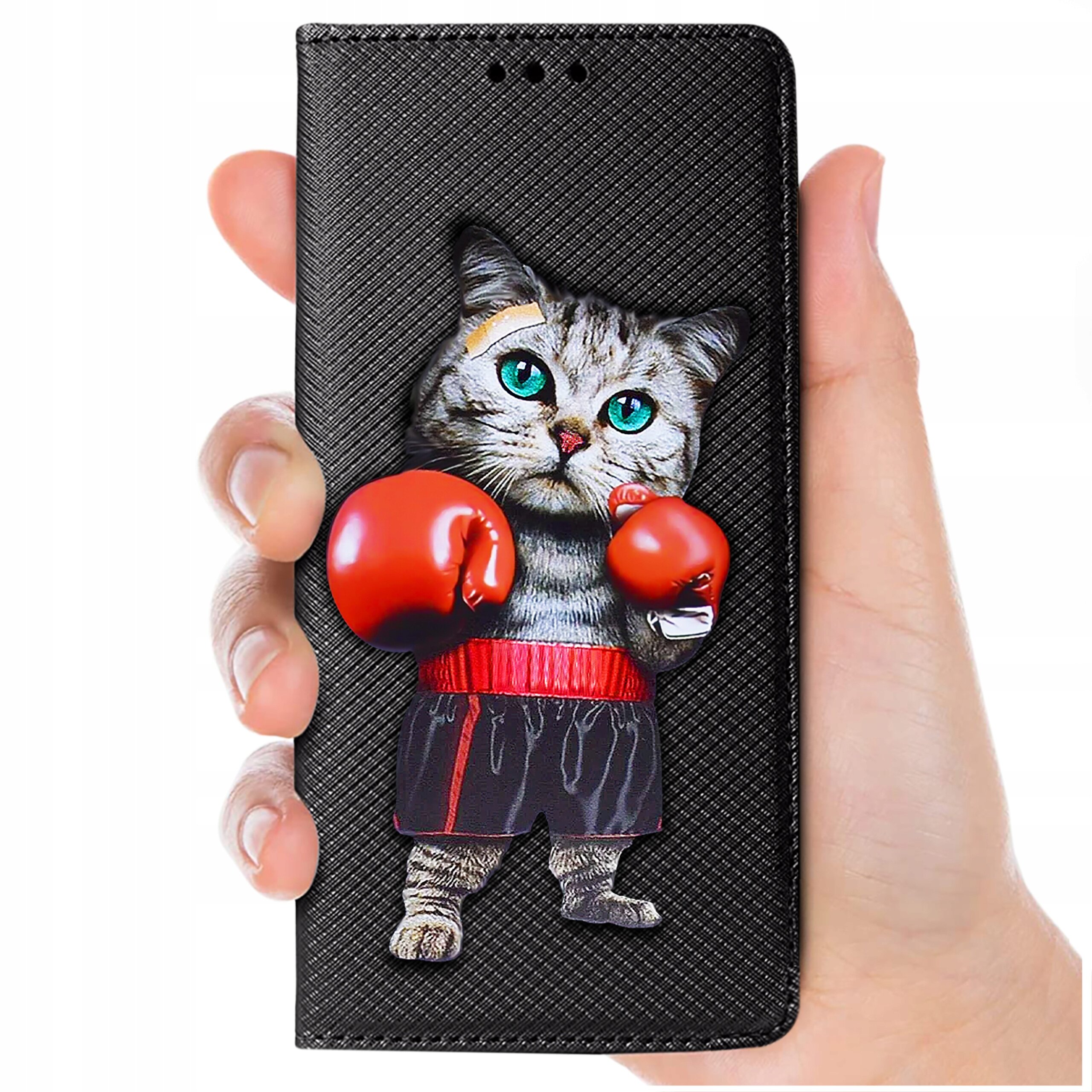 Etui na telefon z grafiką kota w czerwonych rękawicach bokserskich, trzymane w dłoni. Tło etui ma teksturę przypominającą tkaninę.