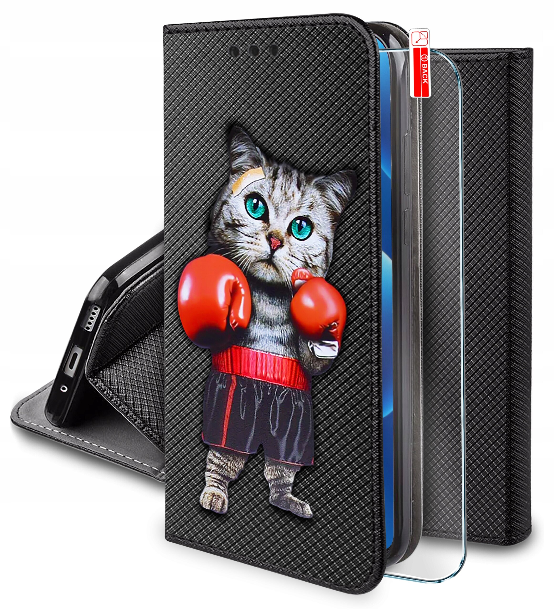 Etui na telefon z czarnym wzorem, na którym znajduje się grafika kota w czerwonych rękawicach bokserskich. Obok etui widoczne jest szkło ochronne z napisem \'BACK\'.