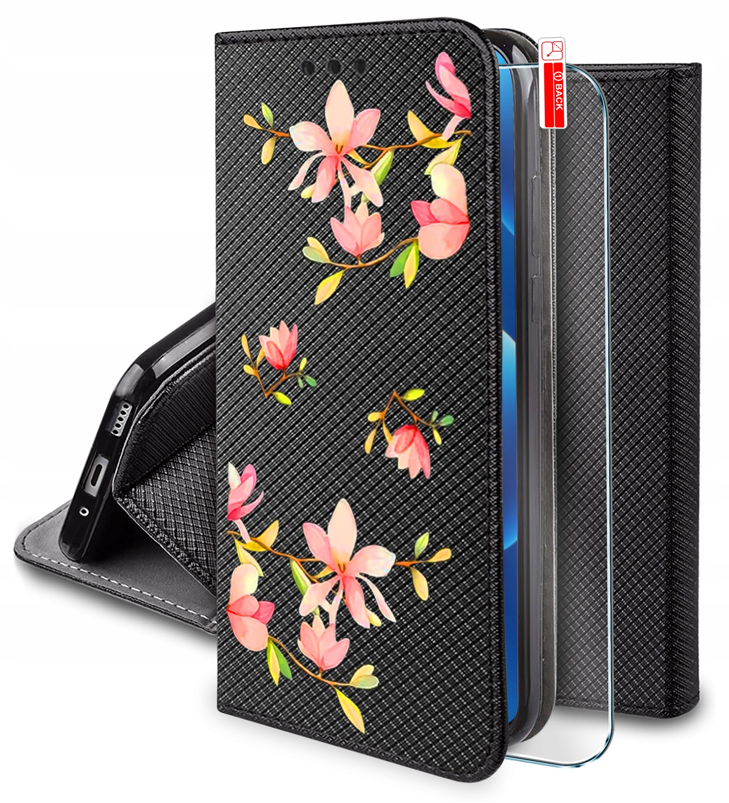 Etui na telefon z czarnym wzorem i kolorowymi kwiatami, obok widoczne szkło ochronne. Na etui znajduje się napis \'9H Glass\'.