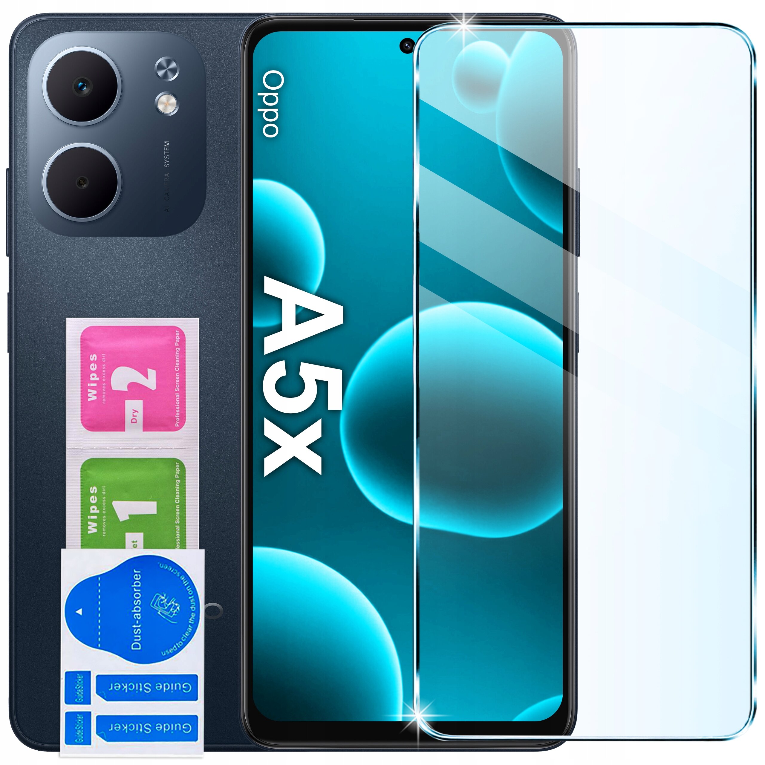 Na obrazie widoczny jest telefon Oppo A5X z nałożonym szkłem ochronnym. Obok znajdują się dwie saszetki z napisem \'Wipes 1\' i \'Wipes 2\' oraz naklejki \'Dust-absorber\' i \'Guide sticker\'.