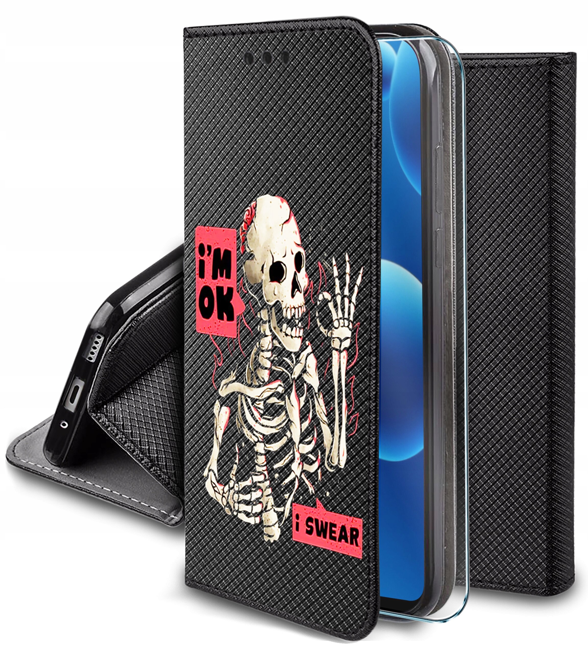 Etui na telefon z czarnym wzorem i grafiką szkieletu oraz napisami \'i\'m OK\' i \'i SWEAR\' na czerwonym tle. Etui ma funkcję portfela i jest otwarte, ukazując wnętrze z miejscem na telefon.